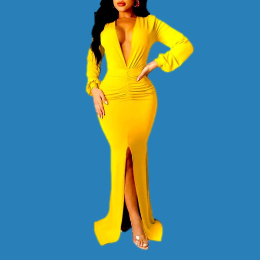 𝅺long Sleeve Plunge Neck Maxi Dress Formal Elegant Slit Evening Mermaid Dresses
